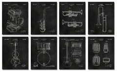 Set of 8 Jazz Instruments Patent Wall Art Prints (8×10) Gifts for Music Lovers