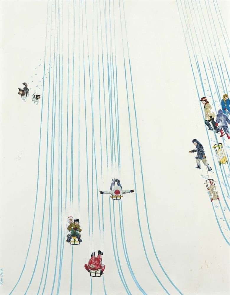 John Falter : Sledding Hill : Mid-Century Winter Americana Scene Art Print