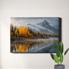 Misty Mountain Lake Reflection in Autumn Forest Poster Print Serene Nature