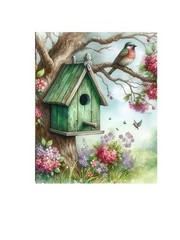 16×20 Green Birdhouse Canvas Print Wall Art