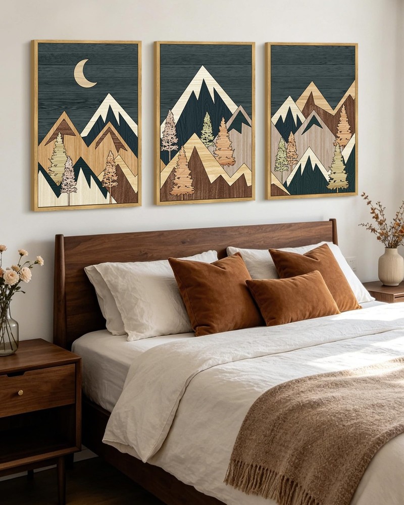 Morden Mountains Framed Wall Art Boho Pine Tree Forest Nature Landscape Artwo…