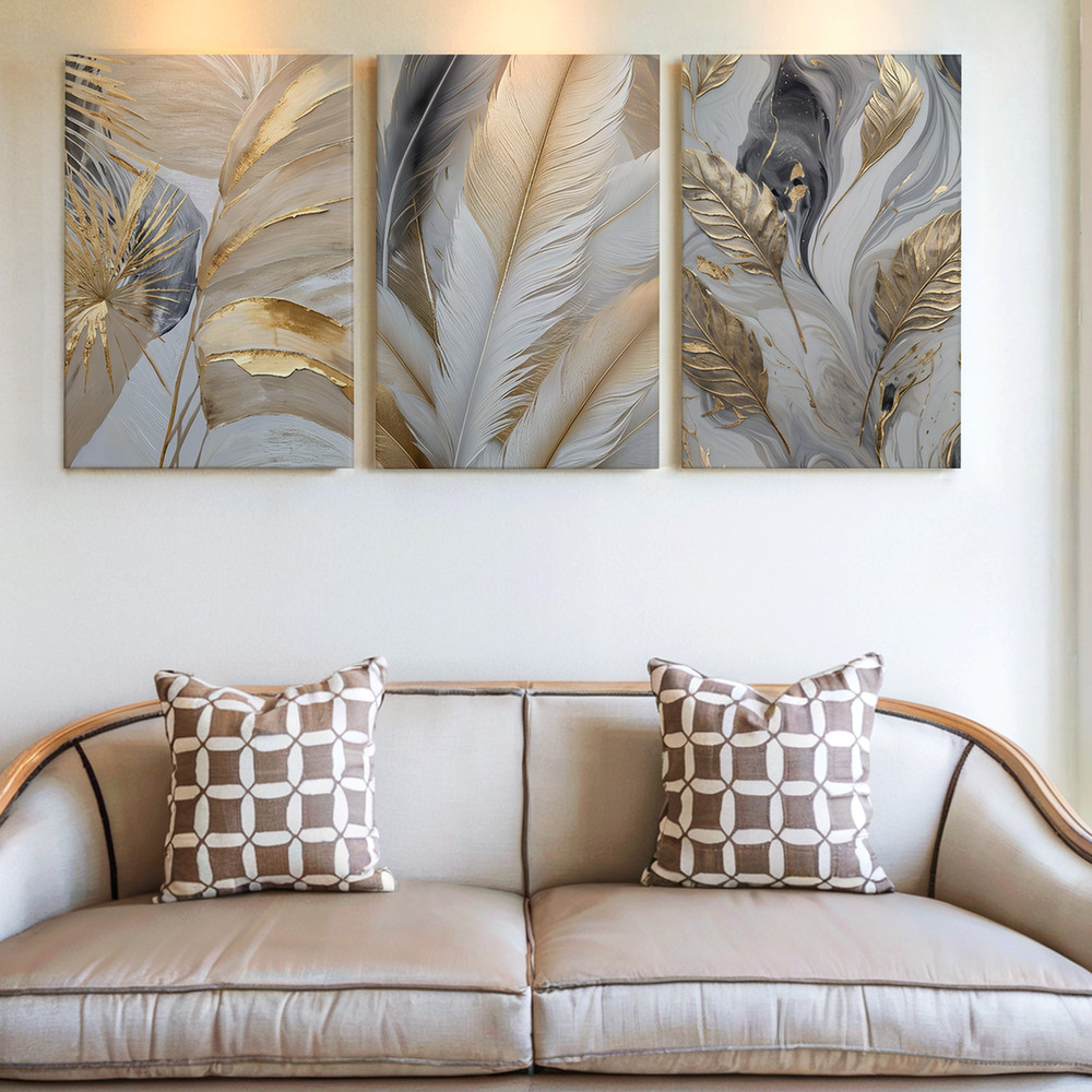3 Pieces Abstract Feather Leaf Large Wall Art Set for Living Room Set Of 3