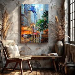 Wall Art City Street Rainy Urban Painting Skyscraper Lights Canvas Print Decor