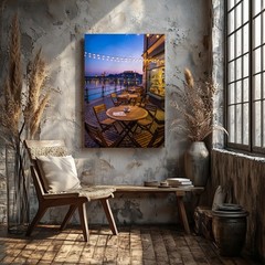 Cozy Outdoor Café Scene At Dusk, Featuring A Round Wooden Wall Art Canvas Print
