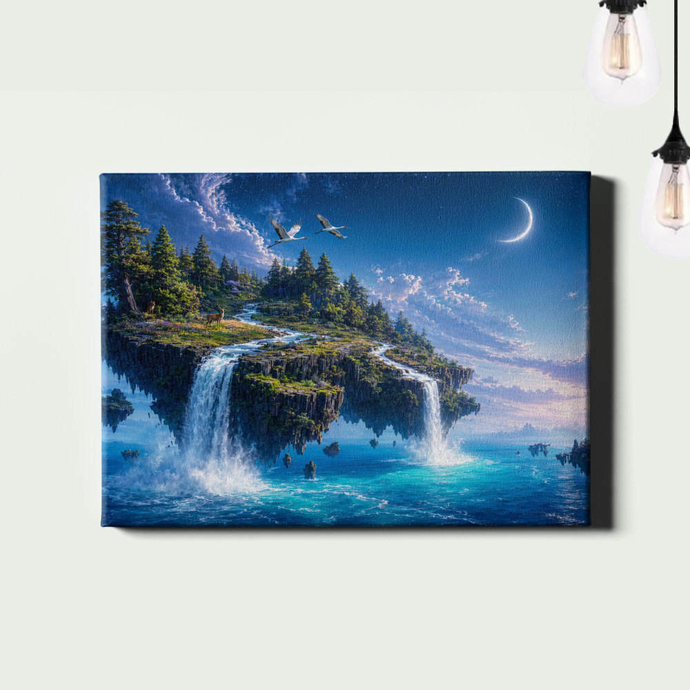 Moonlit floating island waterfalls fantasy landscape Poster Print surreal