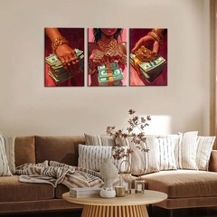 3Pcs Black Girl Canvas Wall Art Red Black Money Wall Decor Pictures Modern Pi…