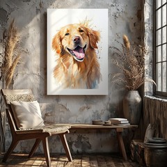 Golden Retriever Dog Portrait Watercolor Canvas Wall Art Animal Home Decor Print
