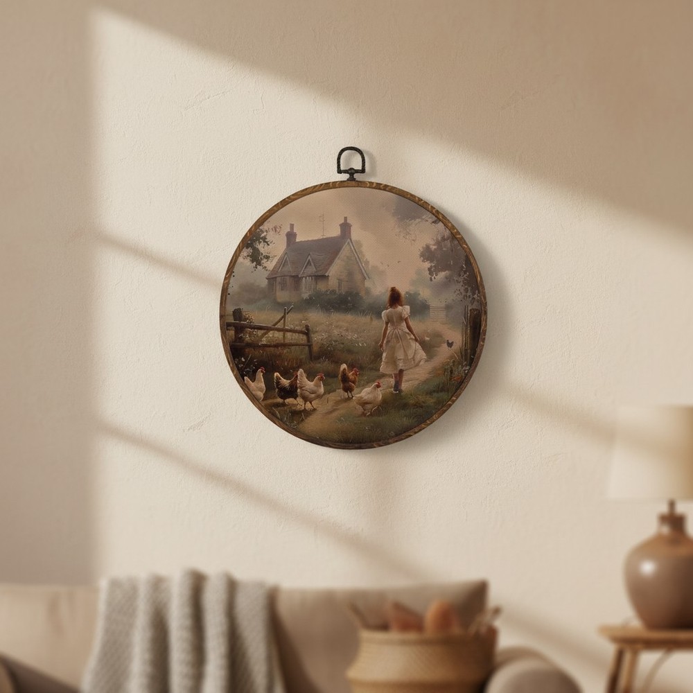 Elegant 10×10 Round Framed Wall Art – Cottagecore Chicken for Home & Gift