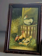 Vtg Rooster Chickens Farm Life Oil Painting on Canvas Frame 30X20.5″ Art 25X16″