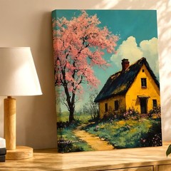 Wall Art Yellow Cottage Painting Pink Blossom Tree Landscape Rustic Home Decor