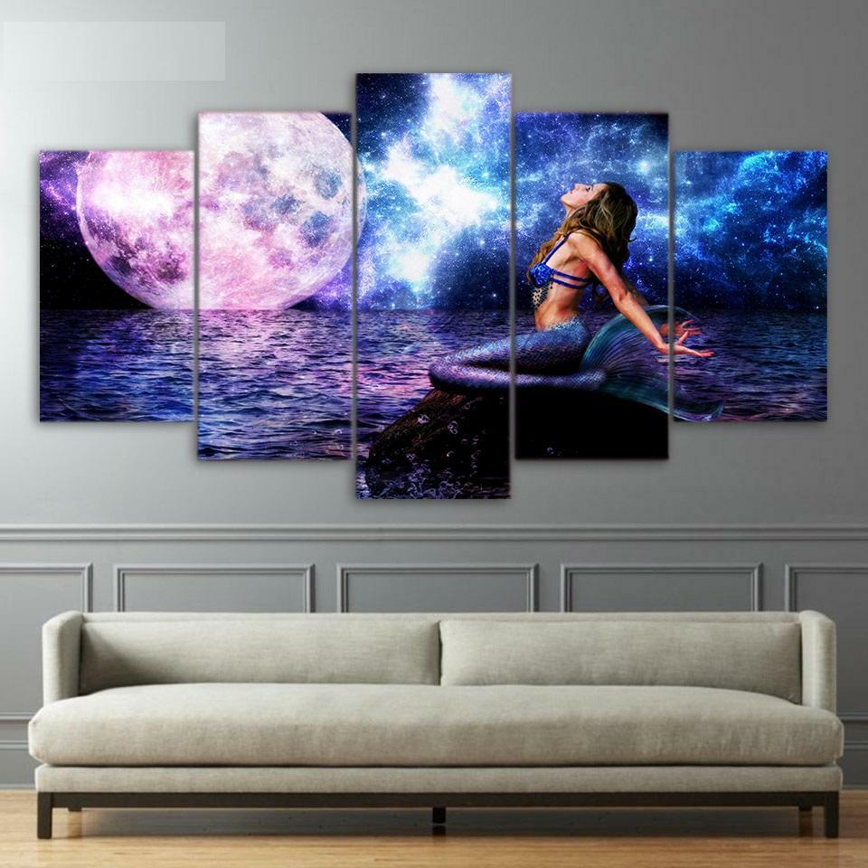 Mermaid Moon & Space Ocean Night Framed 5 Piece Canvas Wall Art Painting Wallpap