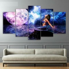 Mermaid Moon & Space Ocean Night Framed 5 Piece Canvas Wall Art Painting Wallpap