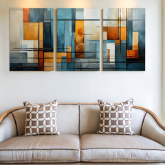 3 Pieces Abstract Geometric Blue Orange Modern Large Wall Art Canvas Set Of 3