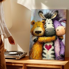 Wall Art Cute Animal Friends Painting Zebra Bear Donkey Hugging Canvas Print