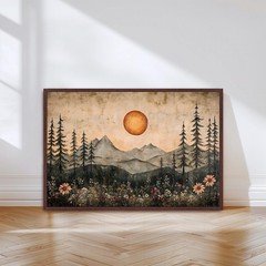 Boho Mountain Sunrise Canvas Print, Rustic Nature Landscape Wall Art Decor