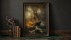Burning Pirate Ship in Stormy Sea Poster Gothic Nautical Dark Academia Wall Art