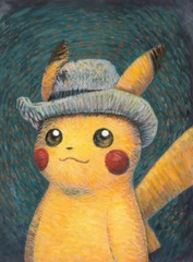 Pikachu Grey Felt Hat Van Gogh Style Pokemon Poster Wall Art Print Impressionist