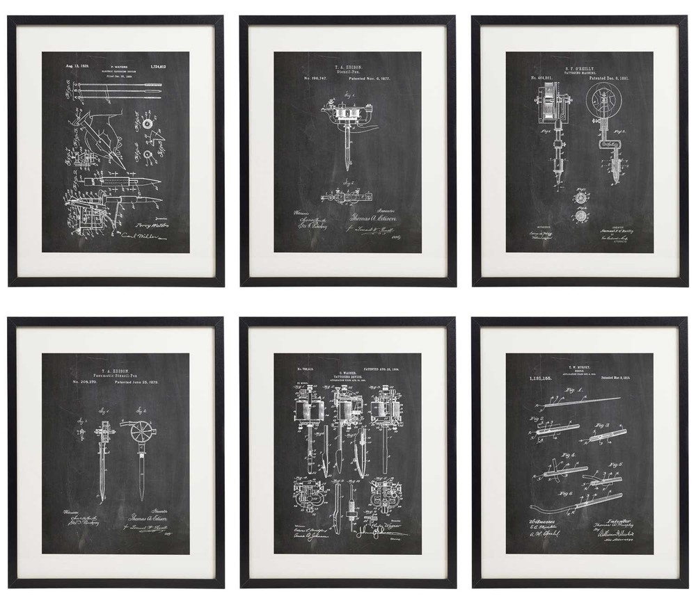 IDIOPIX Tattoo Patent Wall Decor Chalkboard Art Print Set of 6 Prints UNFRAMED