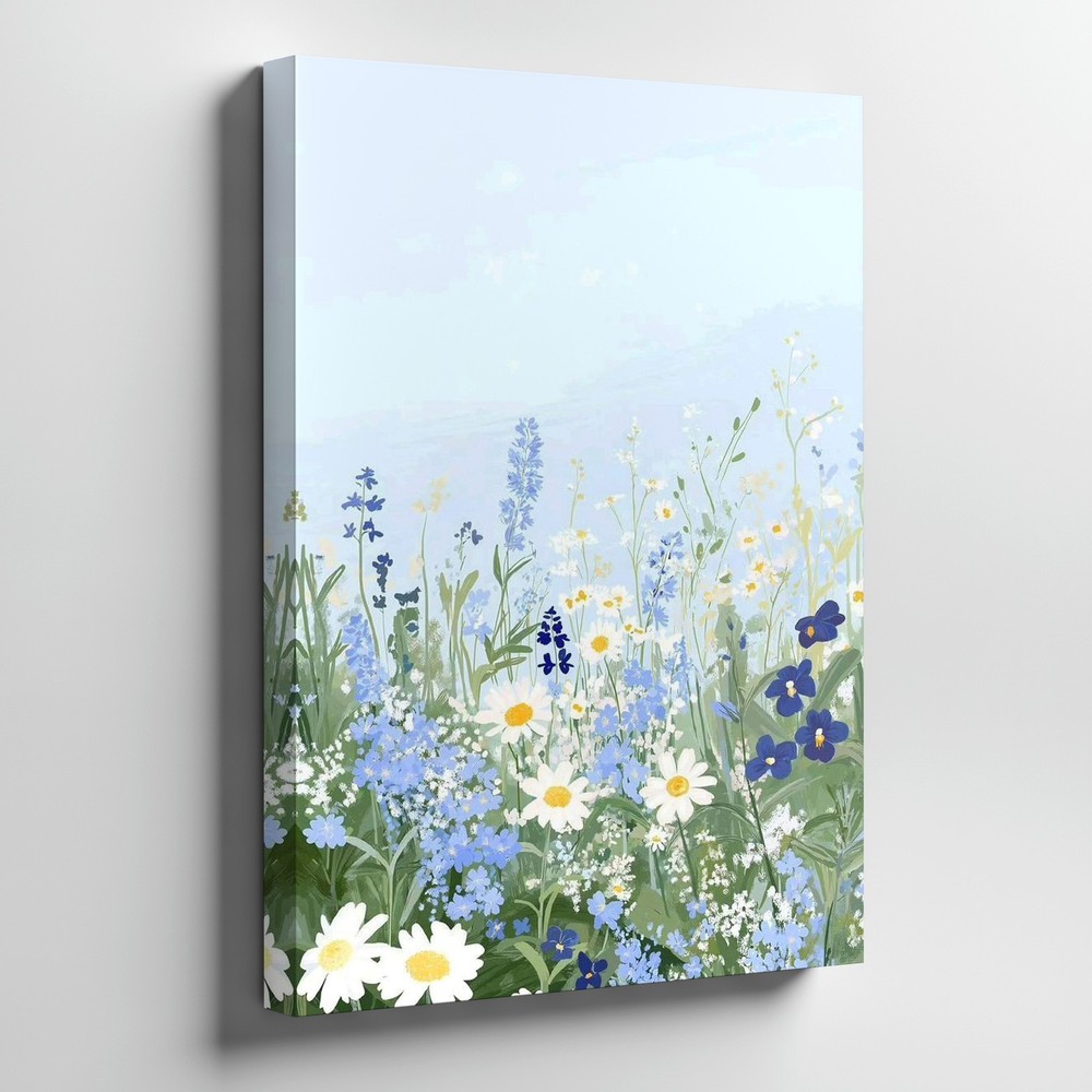 Blue And White Wildflower Meadow Canvas Wall Art Floral Nature Print Home Decor