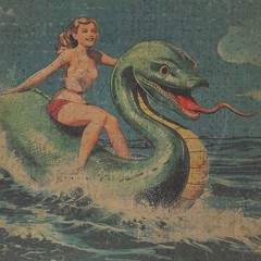 LOCH NESS MONSTER Art, Vintage Girl Riding Nessie Poster, Retro Cryptid Ocean