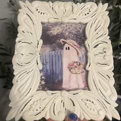 Halloween Tabletop Decor Ghost in The Garden Landscape Rustic White Framed Print
