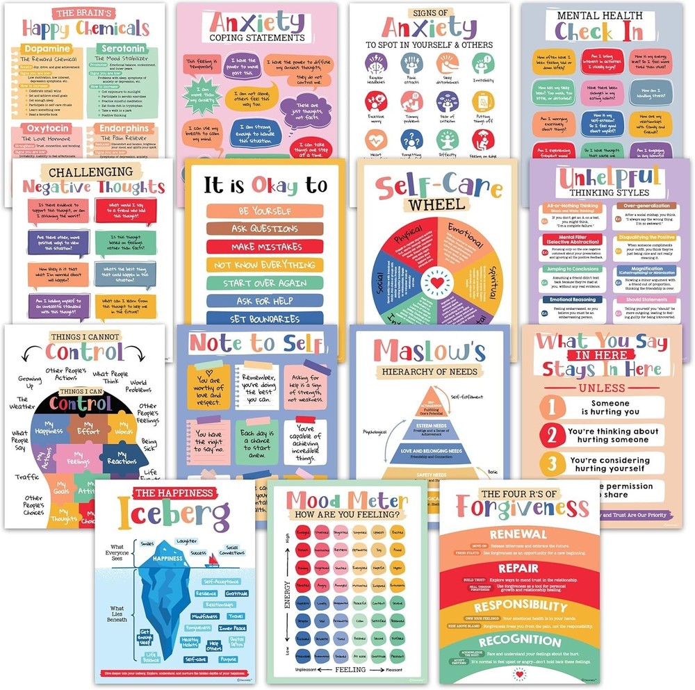 15 Mental Health Posters for Office – 11X14In Mental Health Decor, Therapy Offic