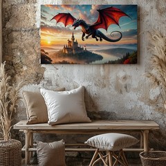 Majestic Black Dragon With Crimson Wings Soars Through A Vibrant Sunset Wall Art