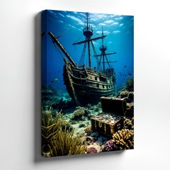 Wall Art Underwater Sunken Pirate Ship Treasure Chest Ocean Coral Canvas Print