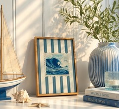 Framed Vintage Surf Wave Wall Art,Trendy Coastal Wall Decor,Blue and White St…