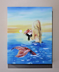 Mermaid Watching Sunrise on Canvas Wall Art 11×14 Frameless Decor New