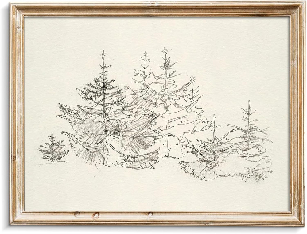 Pine Tree Vintage Wall Art Gray Prints – Classical Naturalist Tree Landscape Pri