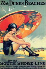 CHICAGO DUNES BEACH GIRL UNDER UMBRELLA SOUTH SHORE TRAVEL VINTAGE POSTER REPRO