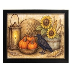 NEW PRIMITIVE FALL HARVEST PUMPKINS CROW LANTERN PRINT 11″Wx9″H Framed Farmhouse