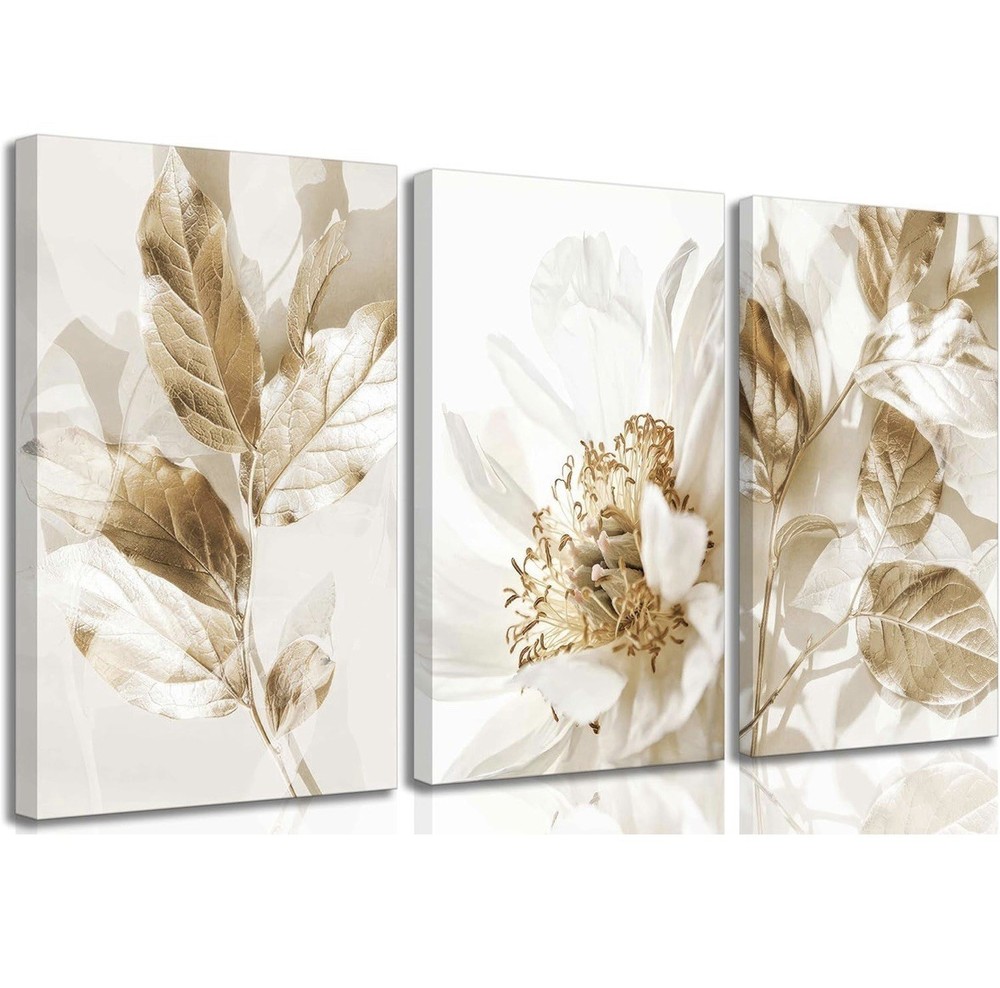 3 Pcs Modern White Floral Golden Leaves Canvas Wall Art Neutral Boho 12”x16” Ea