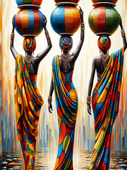 Mixed Media Canvas Print Hand-Painted Finish Colorful African Women Wall Art