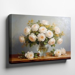 Elegant White Roses Bouquet in Glass Vase Canvas Wall Art Floral Print Decor