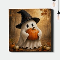 Whimsical ghost and pumpkin with witch hat Canvas Print autumn spirit artwork