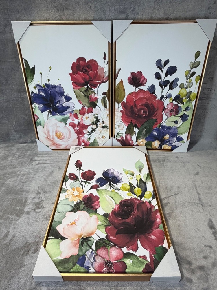Gallery 57 Floral Garden Triptych Framed Canvas Wall Art 3 Piece Set Gold Frame