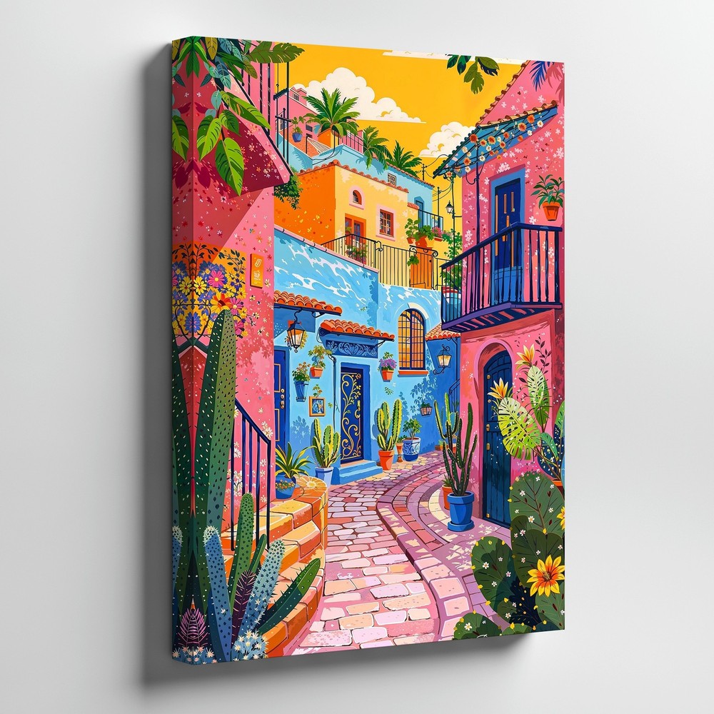 Colorful Mediterranean Street Scene Canvas Wall Art Vibrant Village Print Home