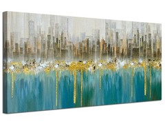Teal Abstract Cityscape Canvas Art – 48″x24″ Modern Skyline Wall Decor