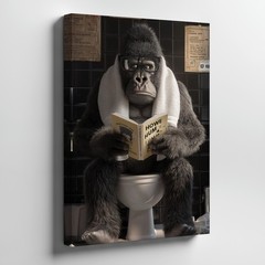 Funny Gorilla Reading Book Bathroom Humor Canvas Wall Art Modern Animal Home