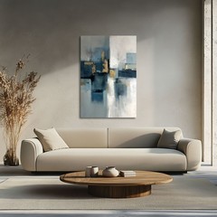 Abstract Blue Grey Gold Oil Painting Print, Framed Canvas Wall Art, Modern Decor