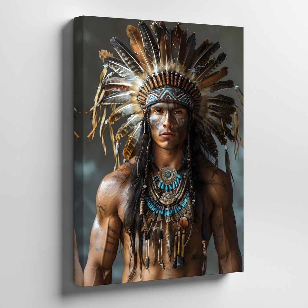 Native American Warrior Feather Headdress Tribal Necklace Canvas Wall Art Print