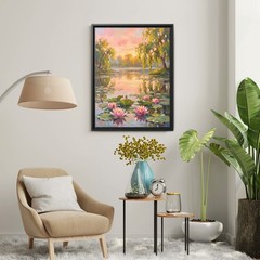 Monet Style Water Lilies Painting, Impressionist Sunset Pond Art, Dreamy Floral