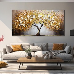 Gold and White Tree Painting Wall Art Print Canvas Painting 24″ X 48″,DIY framed