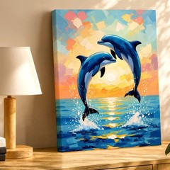 Wall Art Dolphin Pair Ocean Sunset Canvas Print Colorful Coastal Home Decor