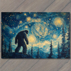 Art Print Bigfoot Under Starry Sky Majestic Night Scene Lake Forest Mountains