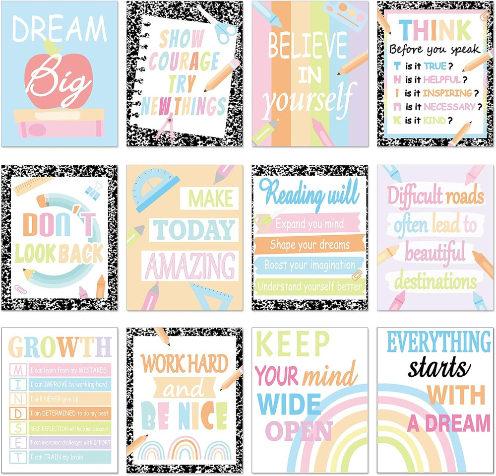 12PCS Motivational Posters for Classroom Growth Mindset Educational Wall Art for