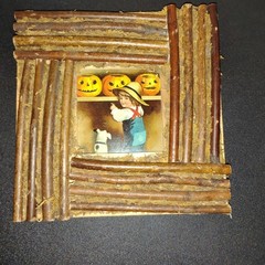 Fall Art Decor. Branch-Nature-Picture Frame. Little Boy w Dog & Pumpkins. OOAK