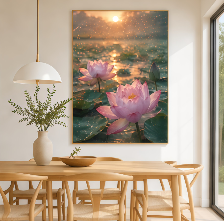 Pink Lotus Flowers at Sunrise Canvas Wall Art – Serene Nature Decor, Custom